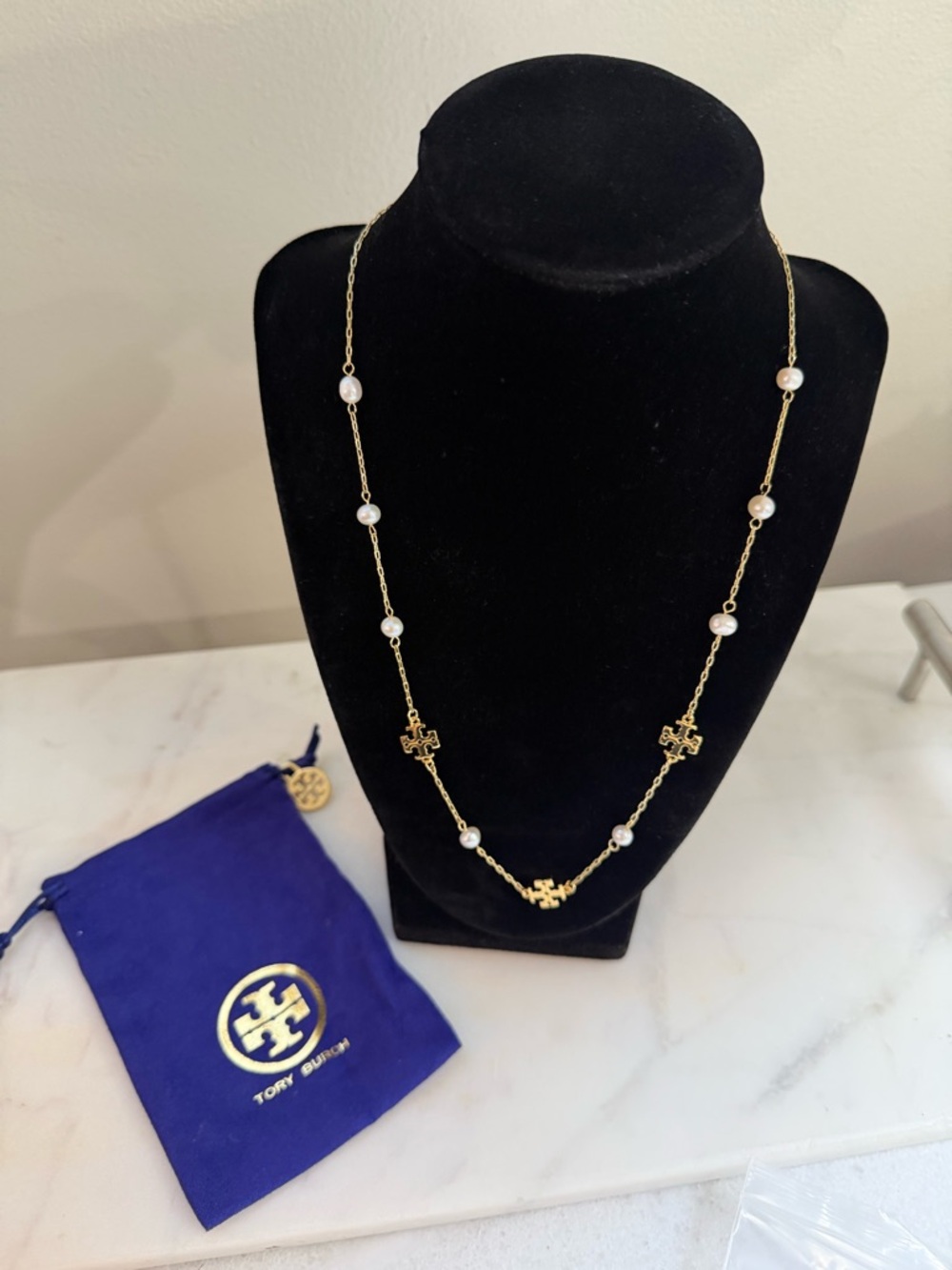 Tory Burch Gold and White Pearl Logo Station Necklace